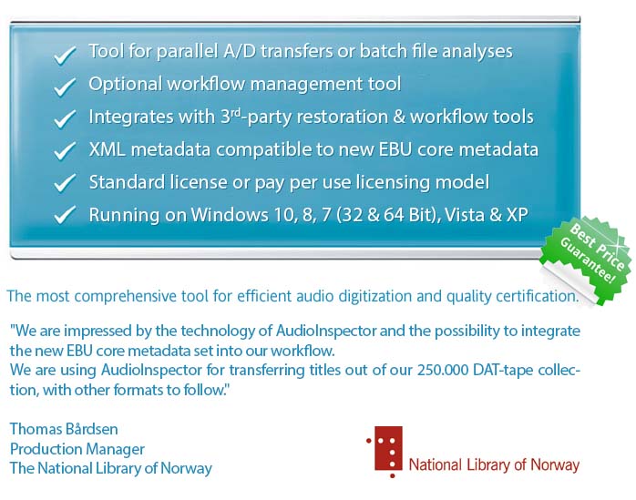 State-of-the-art tool for parallel audio digitization\nAutomated quality assessment at leading standards\nNo big upfront investment – therefore no risc\nUsage based fee – 1 € per transferred program hour